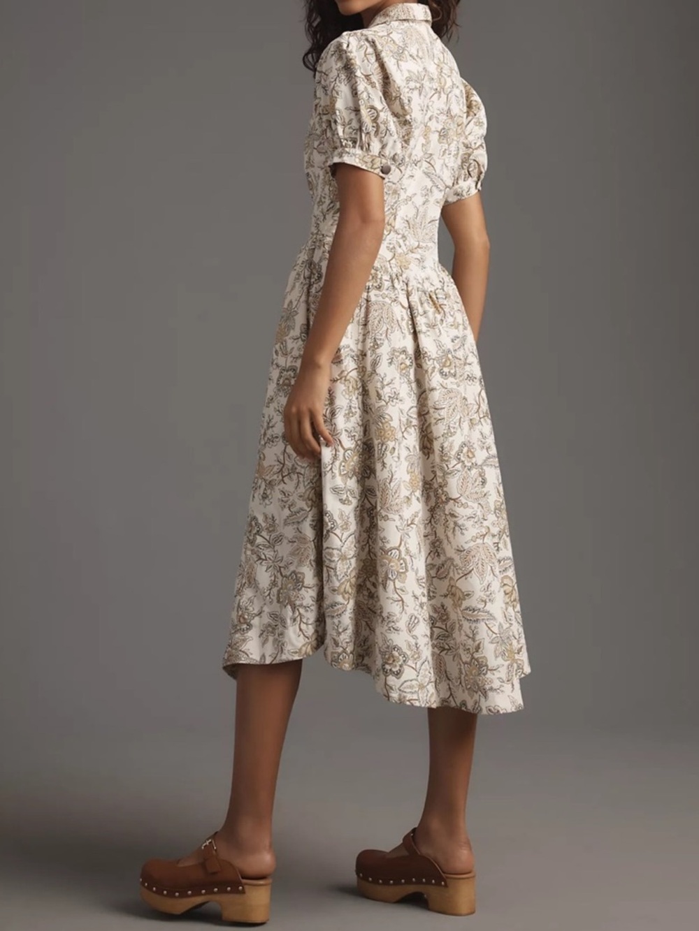 Floral Button-Front Midi Dress in Cream and Brown - Picture 3 of 14